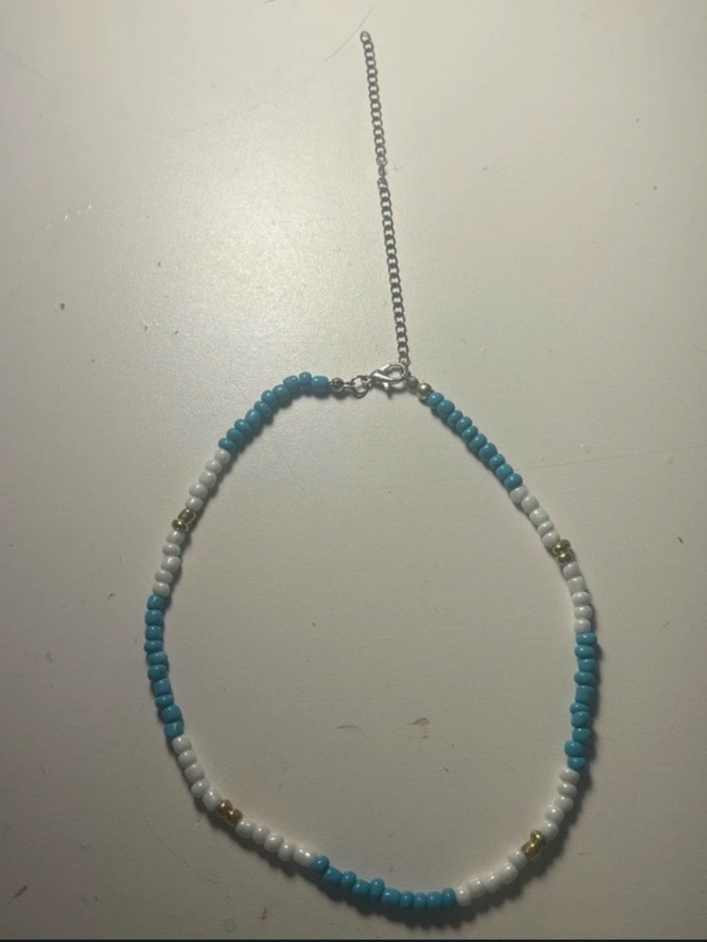 Amazon Blue, White and Gold Beaded Necklace